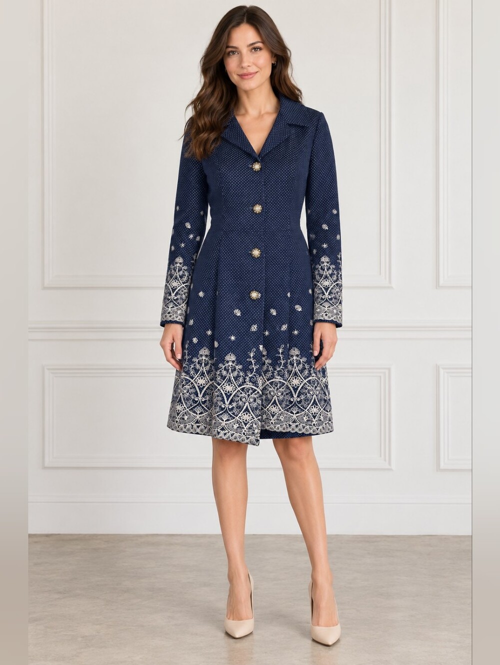 Piko 1988 Navy Polka Dot Embroidered Fit & Flare Coat M